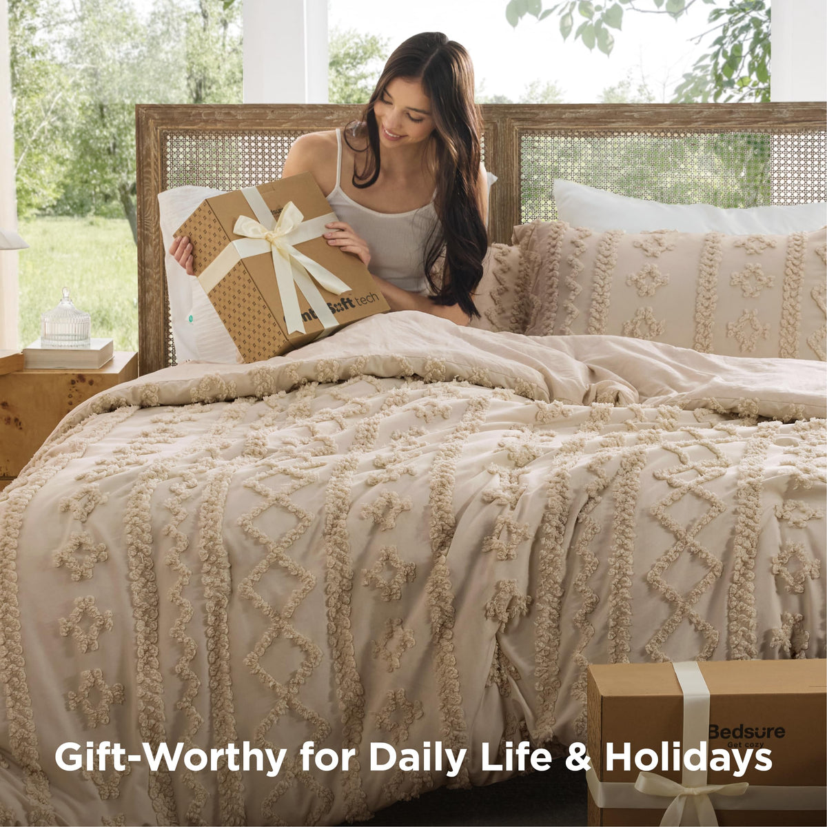 Boho Comforter Set King, Bedroom Decor Bedding Set Light Brown