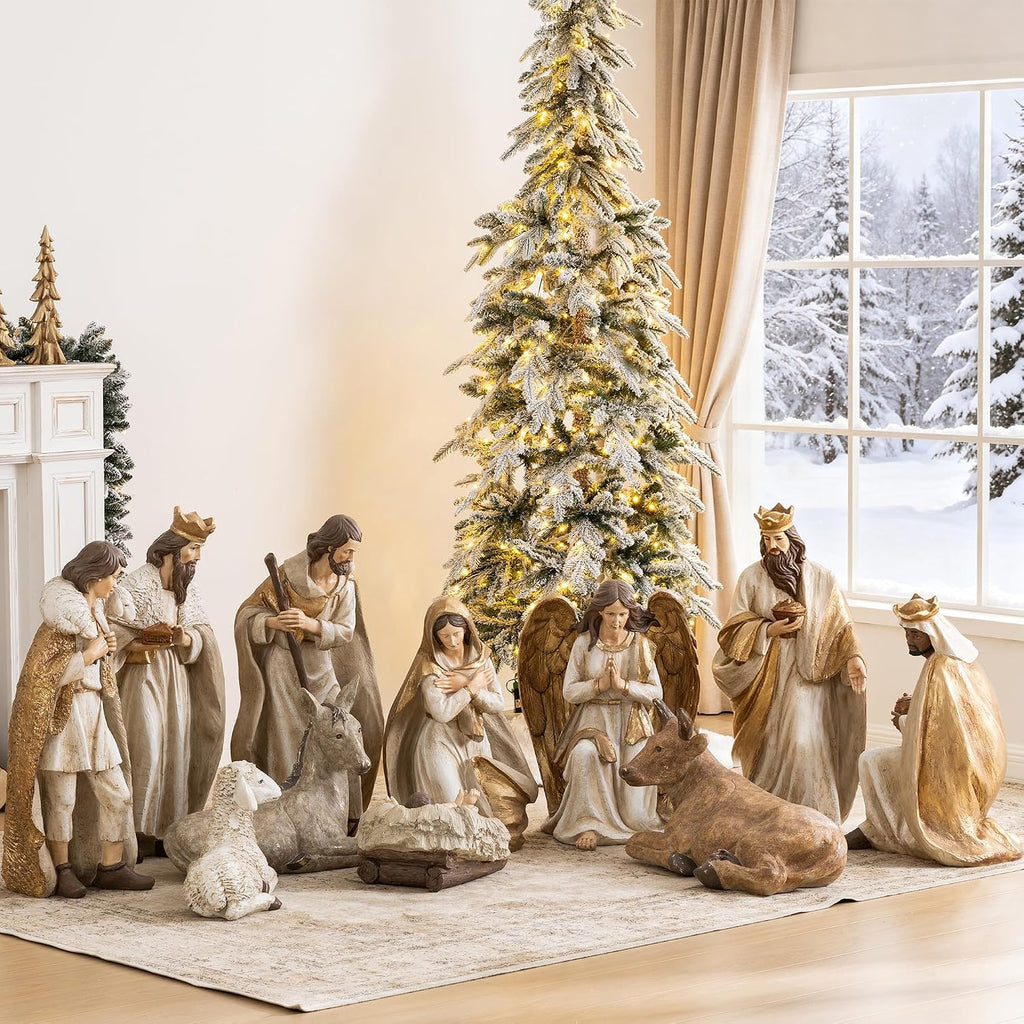 31.75"H Oversized Outdoor Nativity Set, 12-Piece Hand-Painted Large Resin Christmas Nativity Scene Figurine Set, Gold