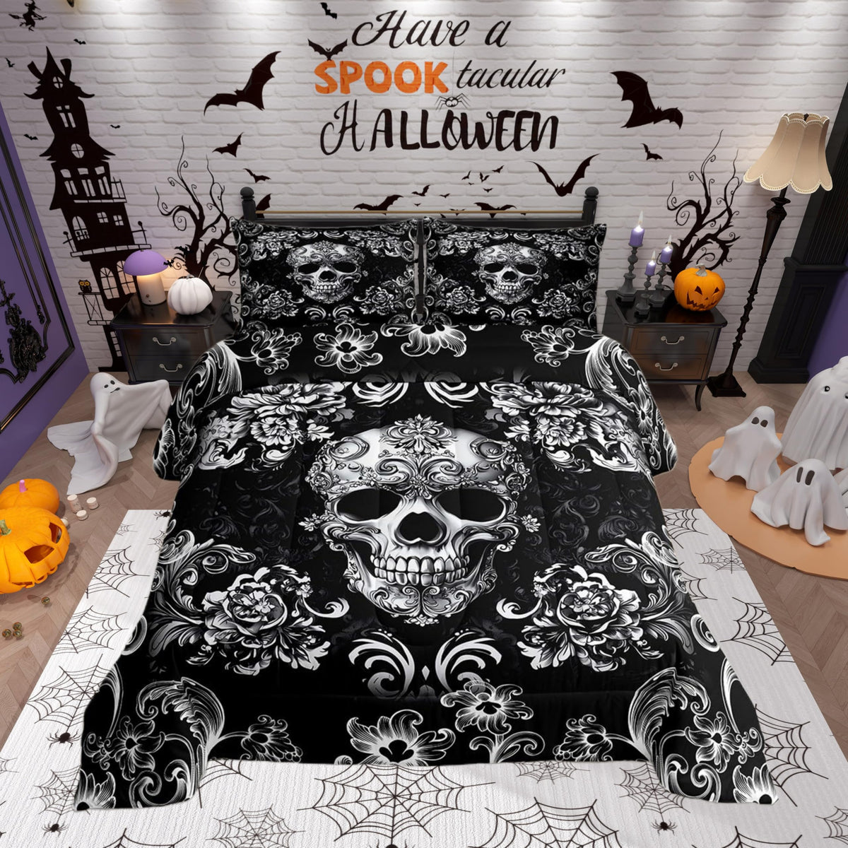 Gothic Skull Bed Comforter Set Queen Size, Halloween Flower Skeleton Super Soft Microfiber Bedding Set for Adults