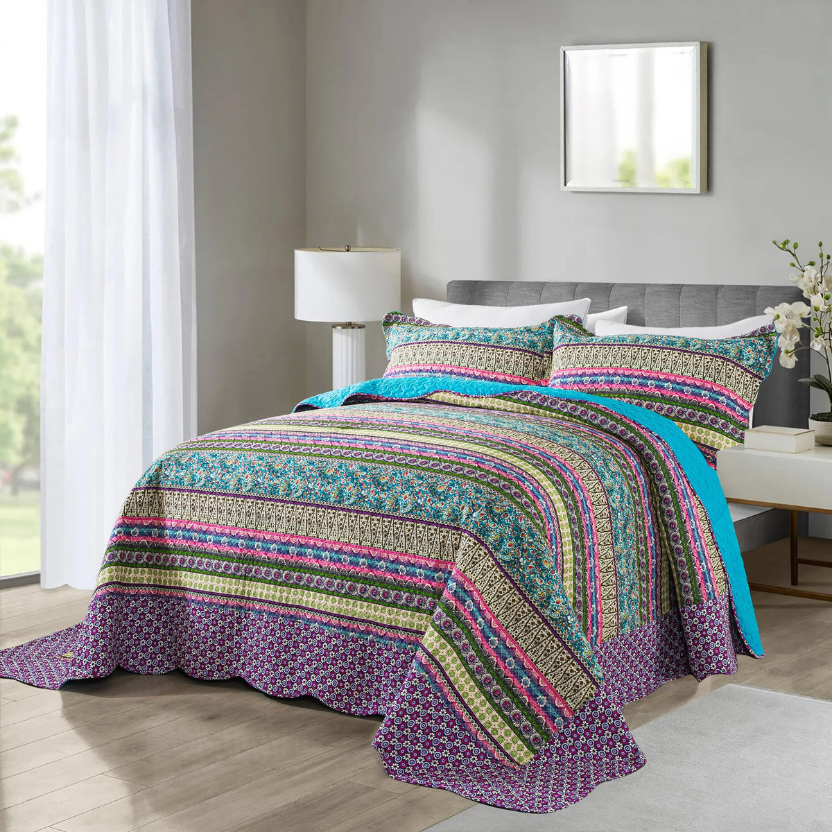 Cotton Bedspread Quilt Sets - Reversible Patchwork Coverlet Set, Striped Jacquard Pattern
