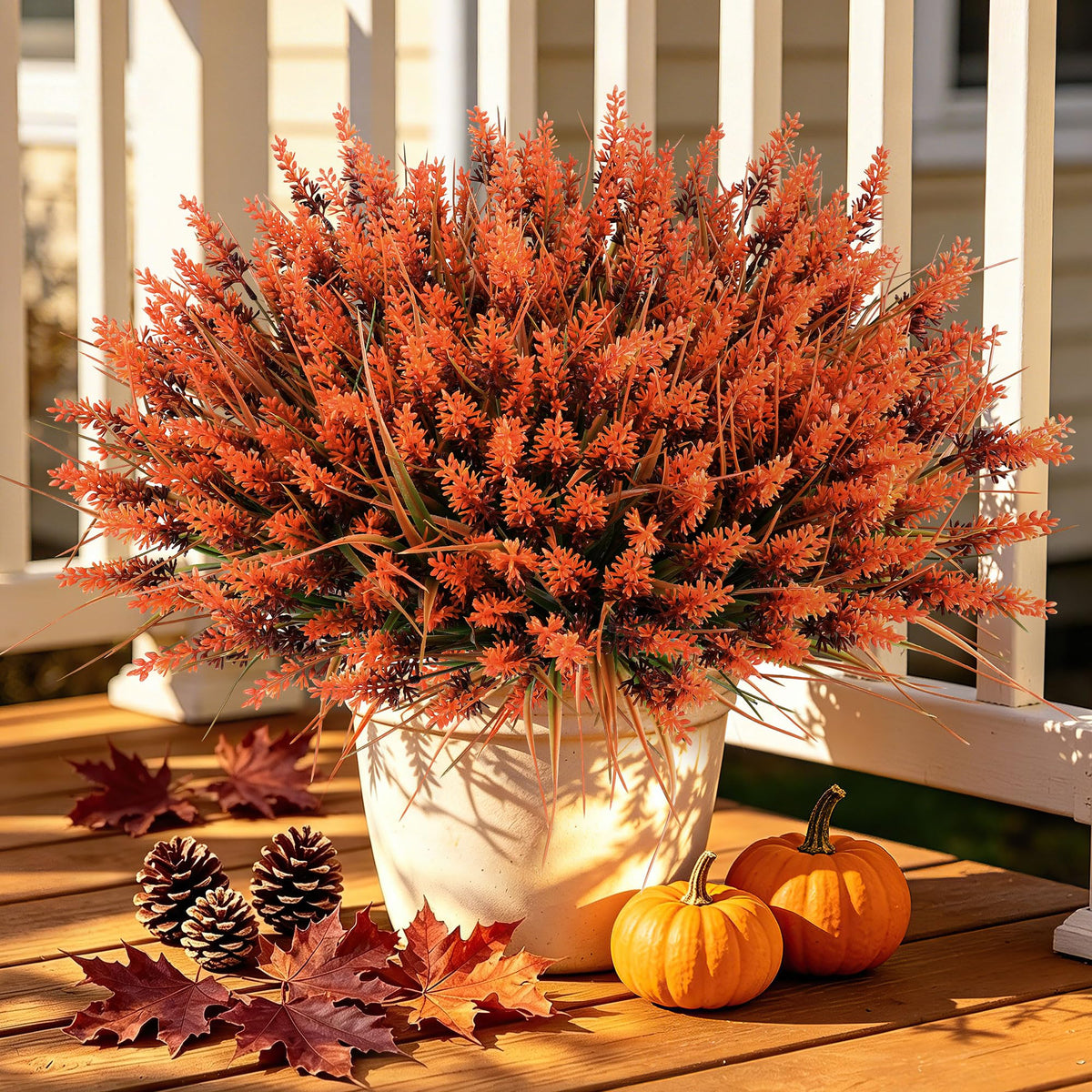12 Bundles Fall Faux Outdoor Plants, UV Resistant Artificial Fake Lavender with Monkey Grass, Realistic Faux Lavender