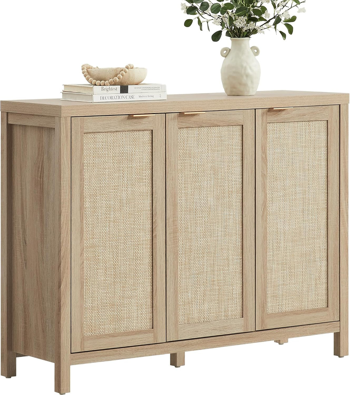 Rattan Buffet Cabinet with Storage 43.5" Sideboard Cabinet with 3 Doors & Adjustable Shelves Wood Sideboard Credenza