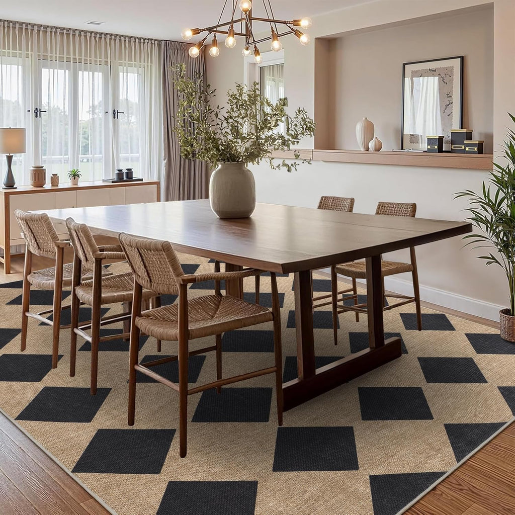 Checkered Easy Jute Rug 8x10 Outdoor Rug Large Washable Area Rugs for Living Room Bedroom Non Slip Neutral Farmhouse