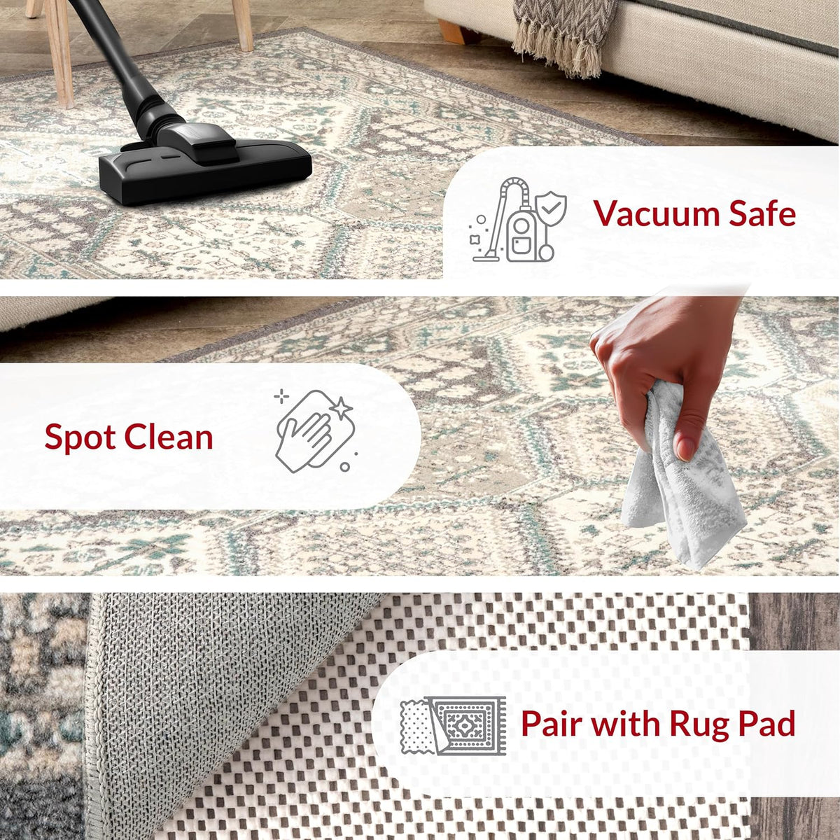 Becca Traditional Tiled Area Rug, Charcoal, Faded Transitional Design, Stain Resistant