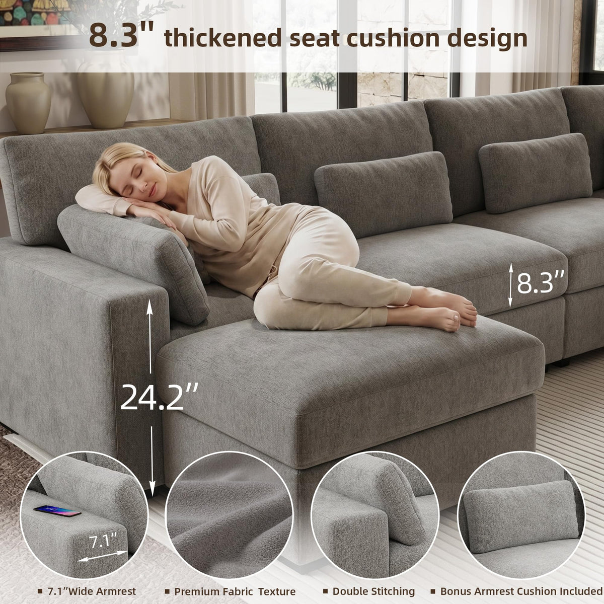 146.5'' Modular Sectional Sofa, U Shaped Oversized Extra Deep Couches, 4-Seat Chenille Couch with Wooden Legs