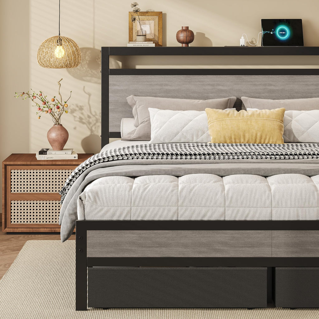 Bed Frame with Storage, Wood Headboard with Fast Charging Station, LED Lights, Platform Bed Frame