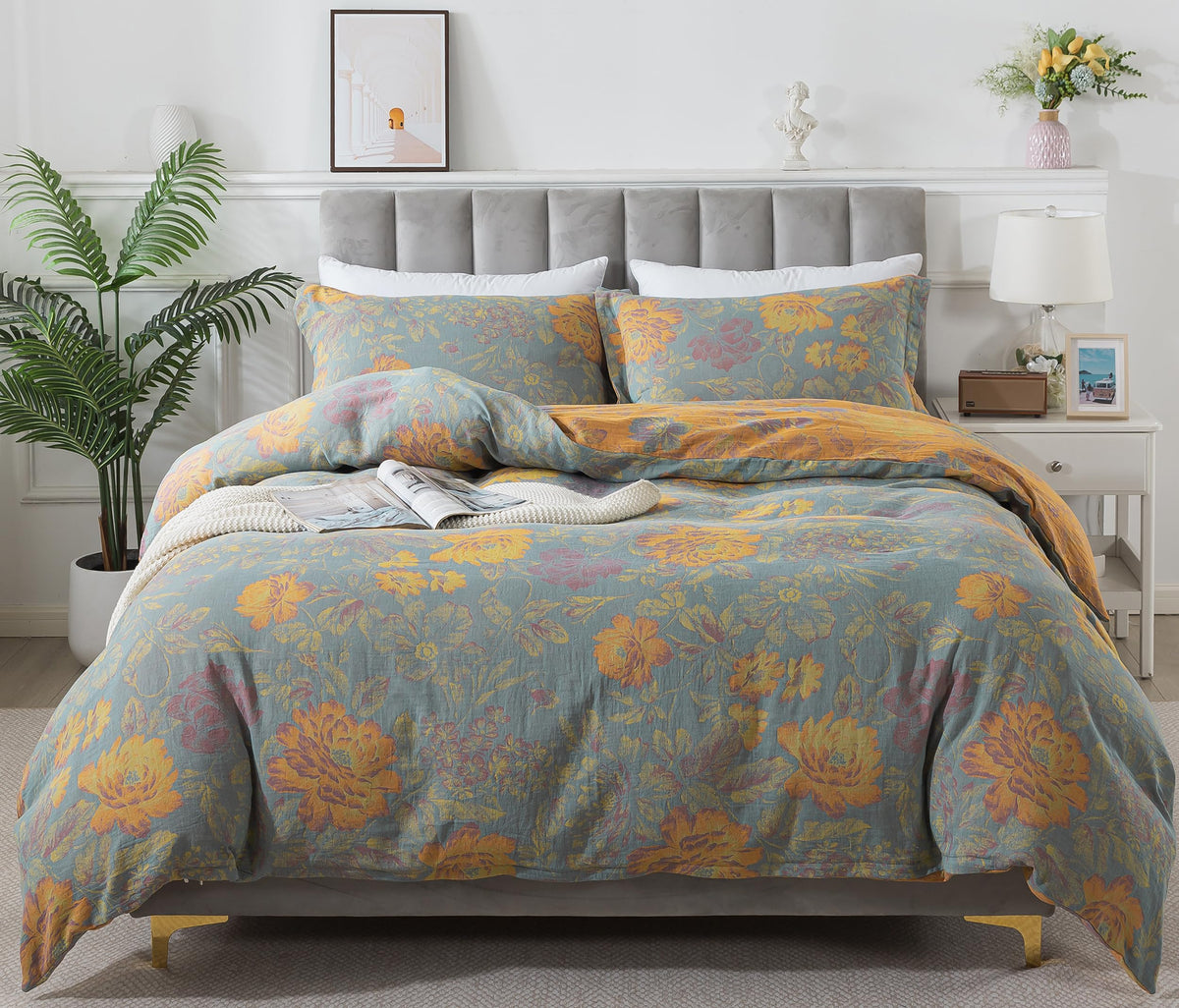 Flower 3Pcs Duvet Cover Set, 100% Double Layer Washed Cotton Gauze Lightweight Soft Breathable Farmhouse Floral