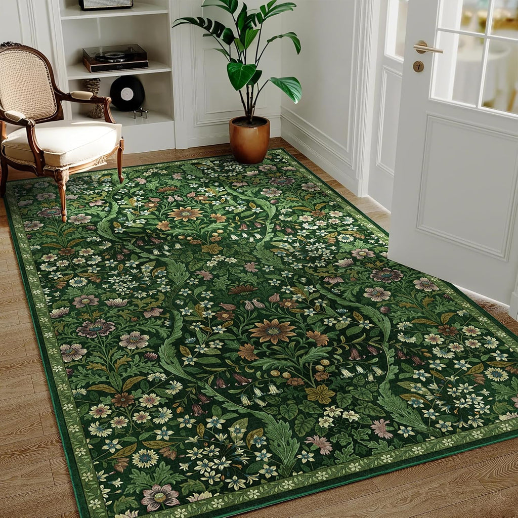 Floral Area Rug Soft Low Pile Boho Carpet