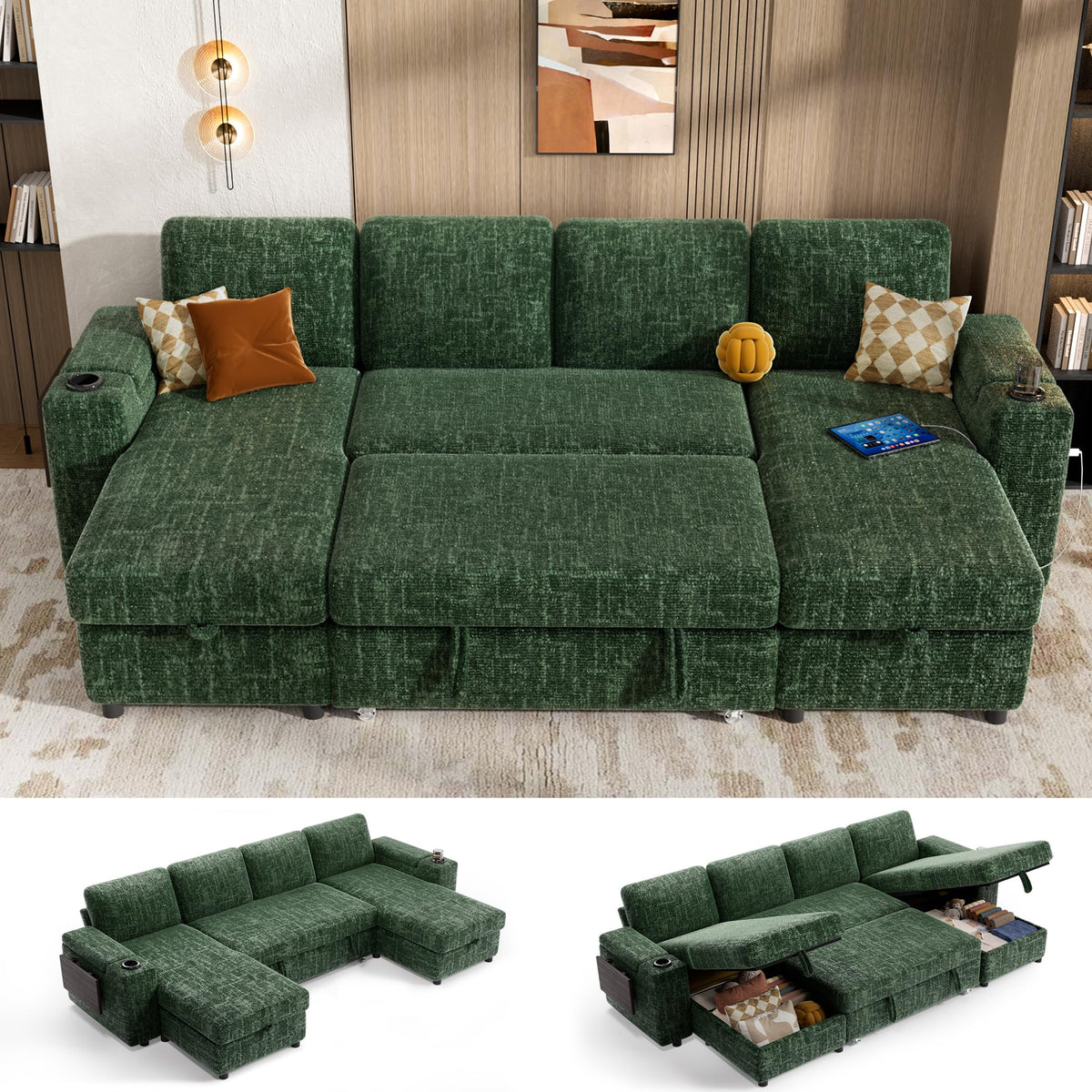 108" Modular Sectional Sleeper Sofa with Pull Out Bed, 4 Seat Chenille U Shaped Couch with USB Ports|Cup Holders|Side