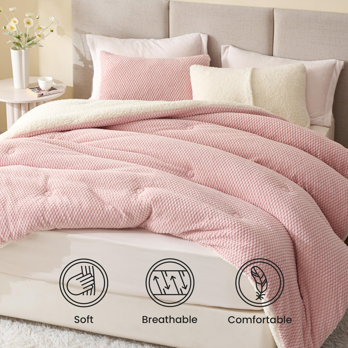 Plaid Tafu Comforter Set 3 Pieces, Dusty Pink&White
