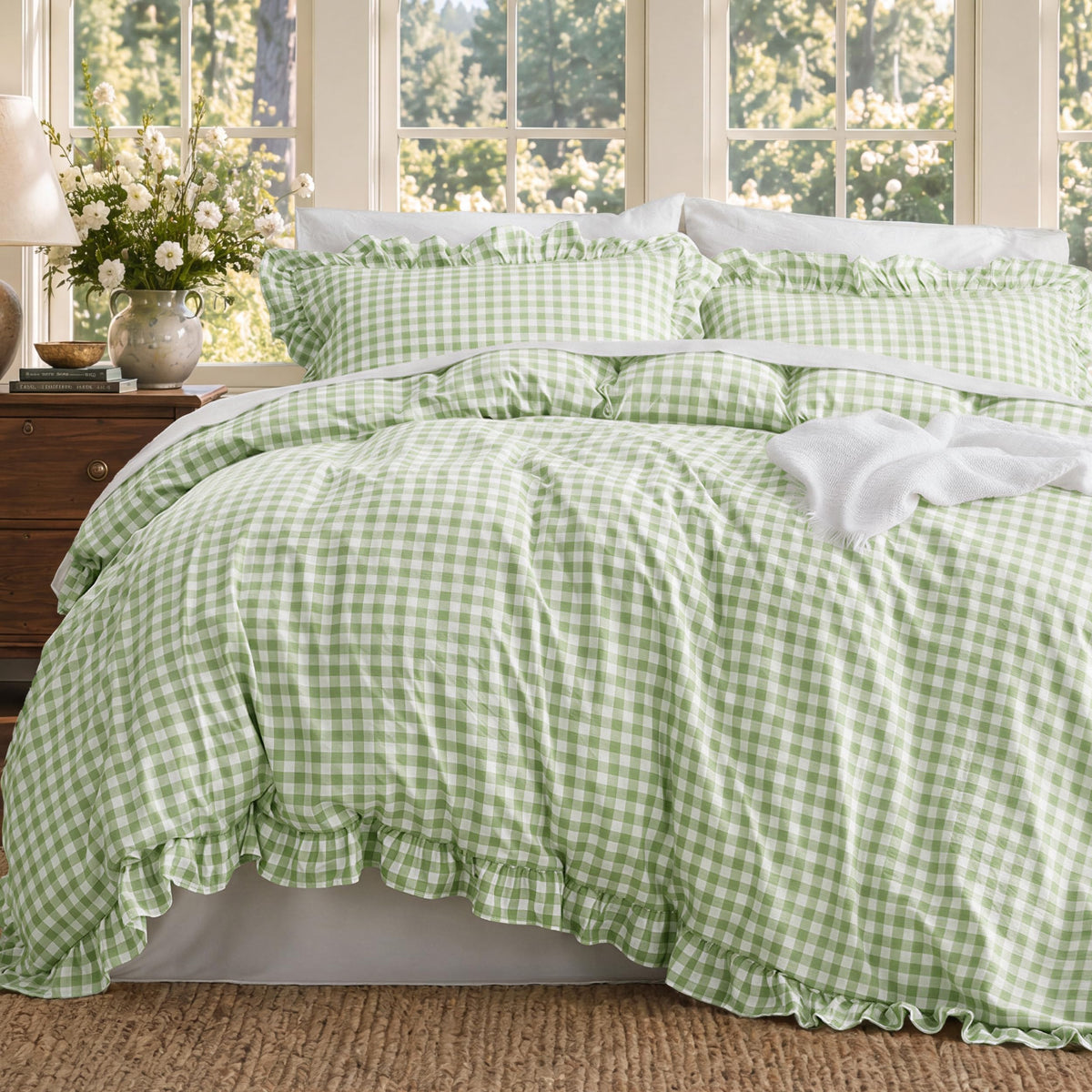 Gingham Ruffle Duvet Cover Set, King, Cotton-Like Bed, Sage Green