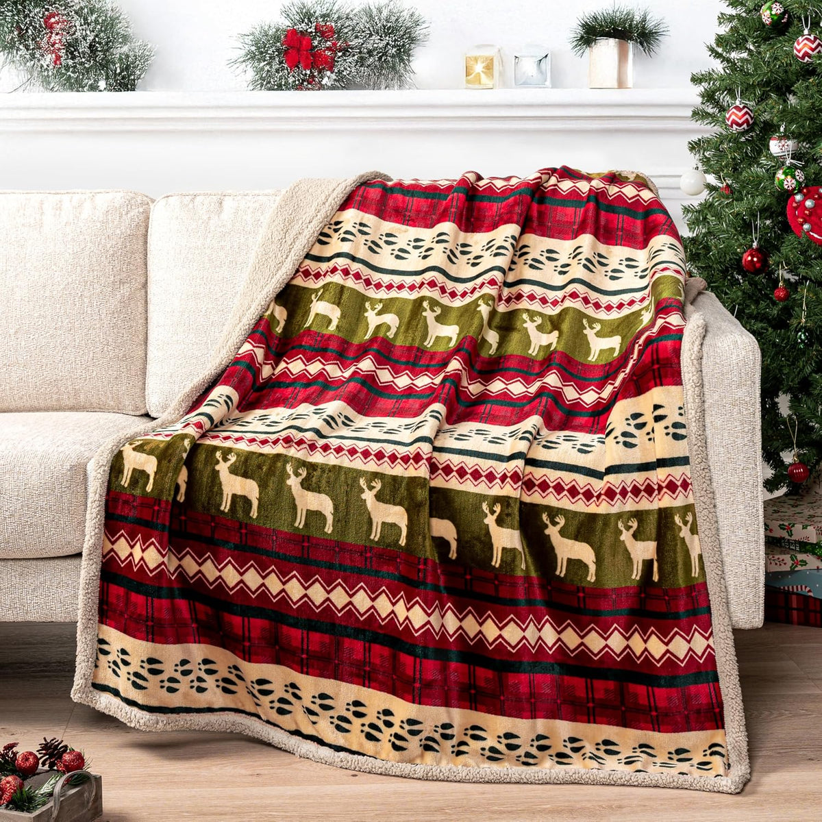Premium Christmas Sherpa Throw Blanket, Green Red Cabin Design with Reindeer Print, Ultra Soft Reversible Fleece &