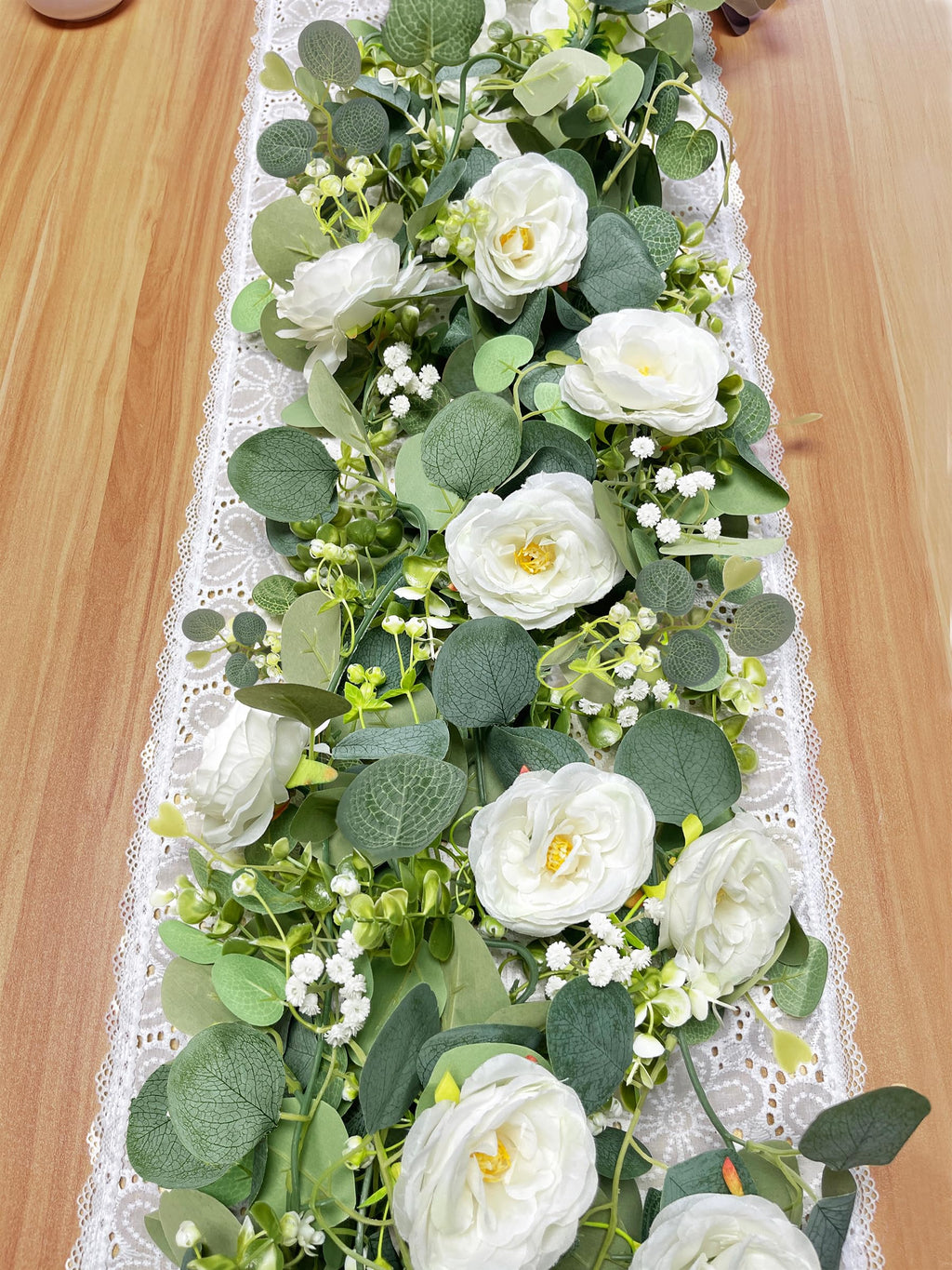 6Ft Artificial Eucalyptus White Flower Garland with Roses, 2 Pack