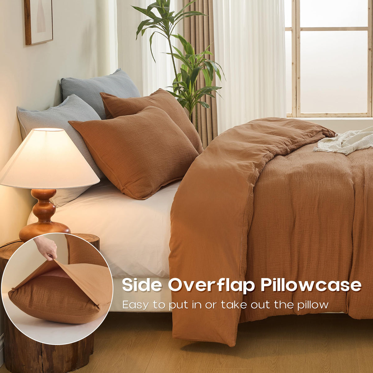 Muslin Duvet Cover Set, 3Pcs Rust Linen Cotton 3-Layer Gauze Minimalist Comforter Cover 104"x92", Ultra