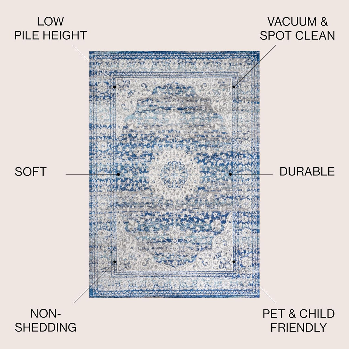 Scala Ornate Vintage Blue/Dark Gray Indoor Area Rug, Medallion, Bohemian, Easy-Cleaning, Pet Friendly