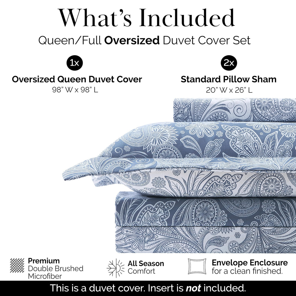 Queen/Full Size Blue Paisley Duvet Cover Set Reversible 98x98 With Zipper