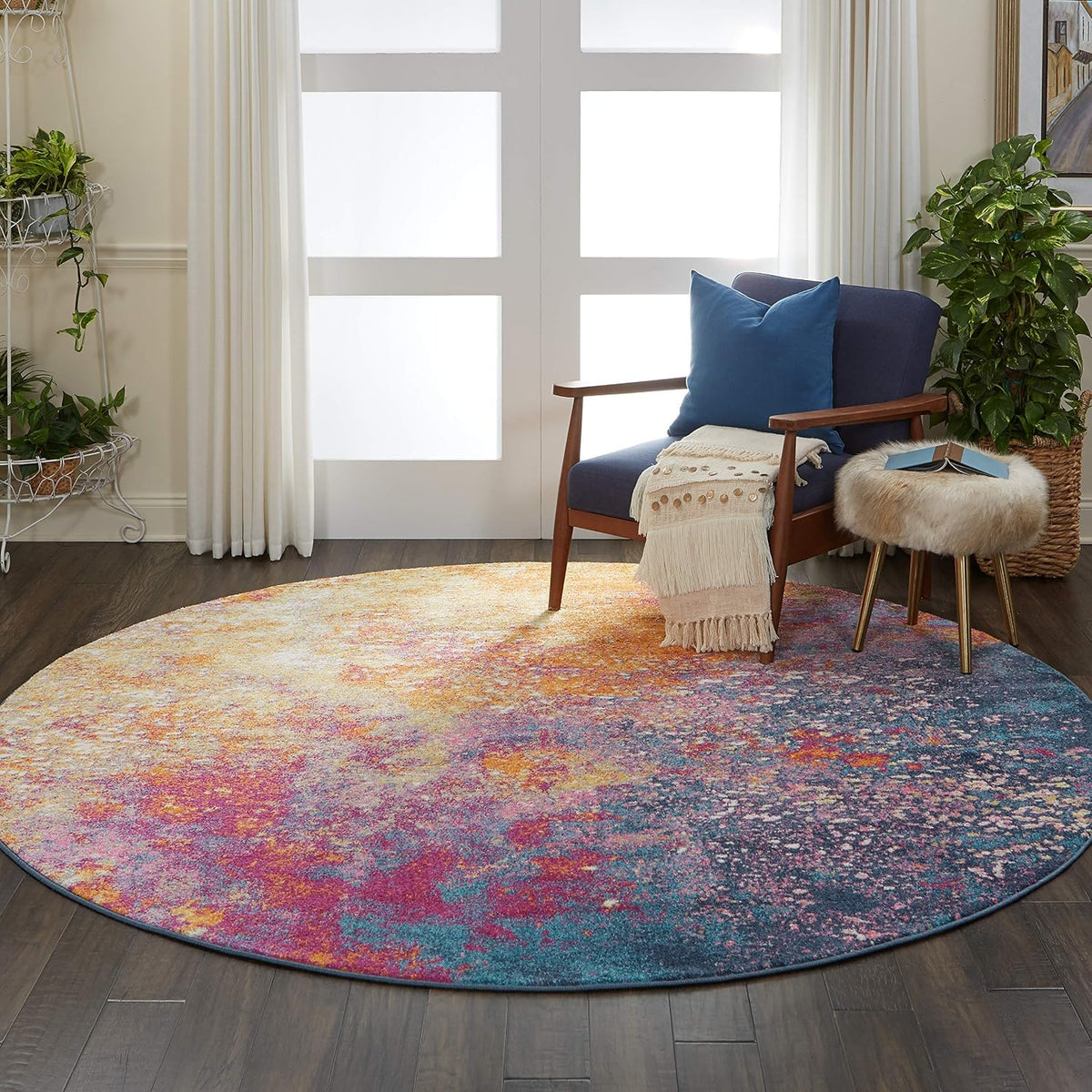 Home Passion Sunburst 8' x Round Area-Rug, Modern, Abstract, Easy-Cleaning, Non Shedding, Bed Room, Living Room