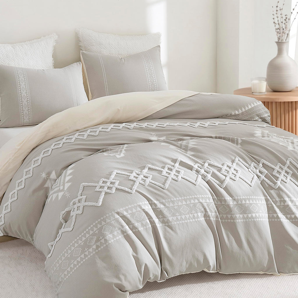 Boho Duvet Cover King Size, Light Gray & Ivory, 3 Pieces