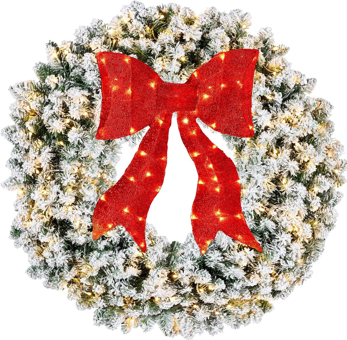 48in Large Flocked Artificial Pre-Lit Fir Christmas Wreath Holiday Accent Decoration for Door, Mantel w/Red Lighted