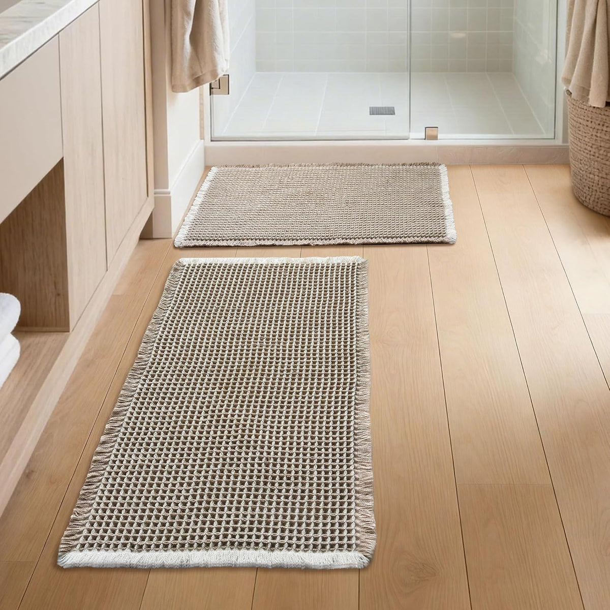 Bathroom Rugs Sets 2 Piece - Waffle Bath Mat Non Slip, Washable Bathroom Mats Absorbent Soft Boho Decor, Quick Dry