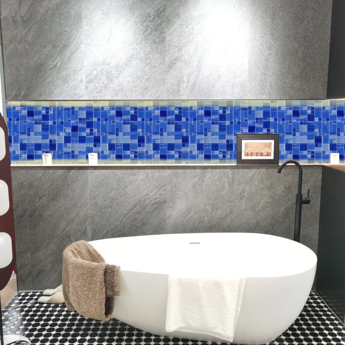 Cobalt Blue Glass Mosaic Tile,12X12 inches Glossy & Lines, Pool Tiles,Kitchen Backsplash Tiles,Bathroom Border