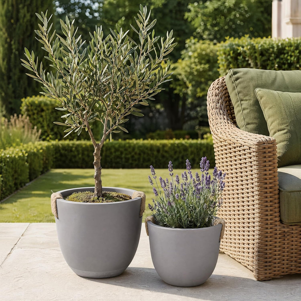Set of 2 Planter Pots (12.79" & 9.45" ), Lightweight Concrete Look Planters for Indoor Outdoor Plants, Modern Planter
