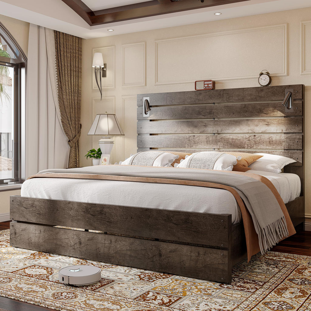 Bed Frame Farmhouse 51" Headboard&Reading Lights, Ash Grey