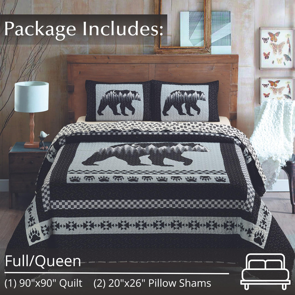 Moon Bear 3-Piece Quilt Set - 90"x90" Reversible Silhouette Cabin Bedding with 2 Standard Pillow Shams