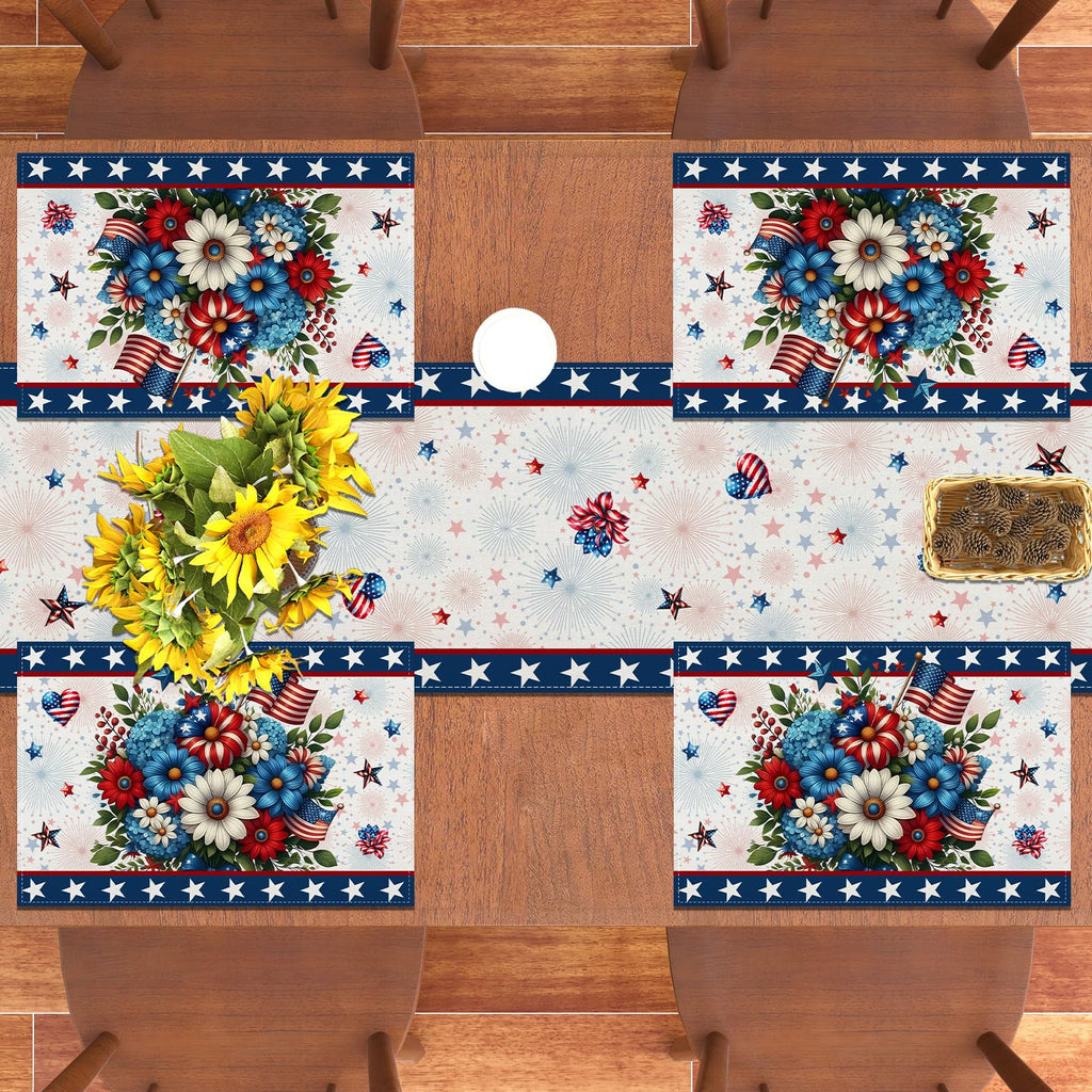 Memorial Day Patriotic 4th of July Placemats Set of 4,Red White and Blue Flowers Table Decor Veterans Day