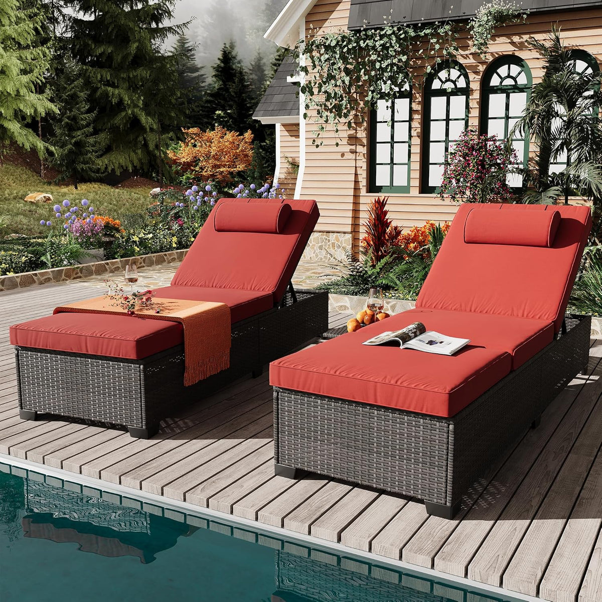 Outdoor PE Wicker Chaise Lounge Chairs, Set of 2, Brown Rattan, Modern Style, Adjustable Backrest