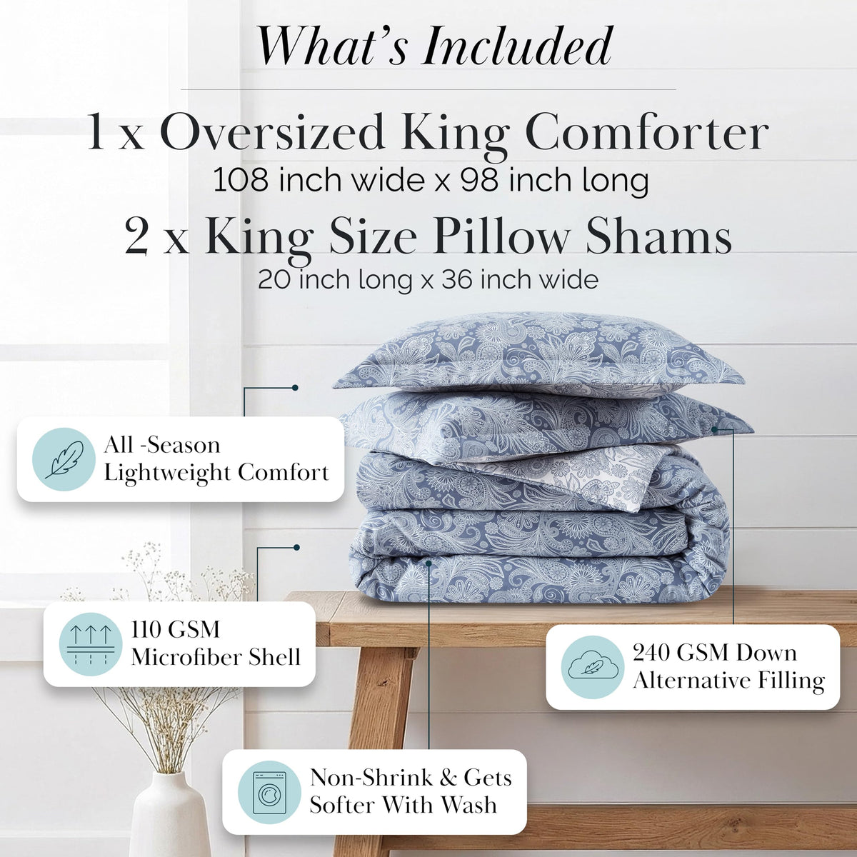 Oversized King Size Comforter Set, Down Alternative Paisley Bedspread, Blue
