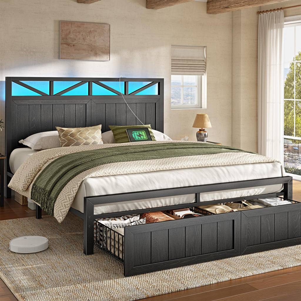 Farmhouse Bed Frame, 2 Storage Drawers, LED & Charging, Black