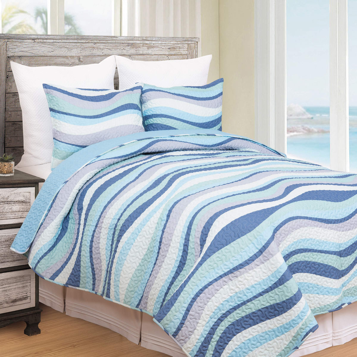 Sea Waves Blue Ocean 2-Piece Quilt Set