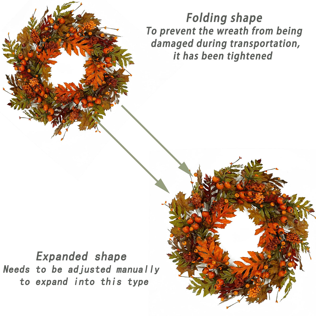 Artificial Fall Wreaths for Front Door Autumn Oak Wreath with Oak Leaves, Acorns, Berries, Pomegranates for Front Door