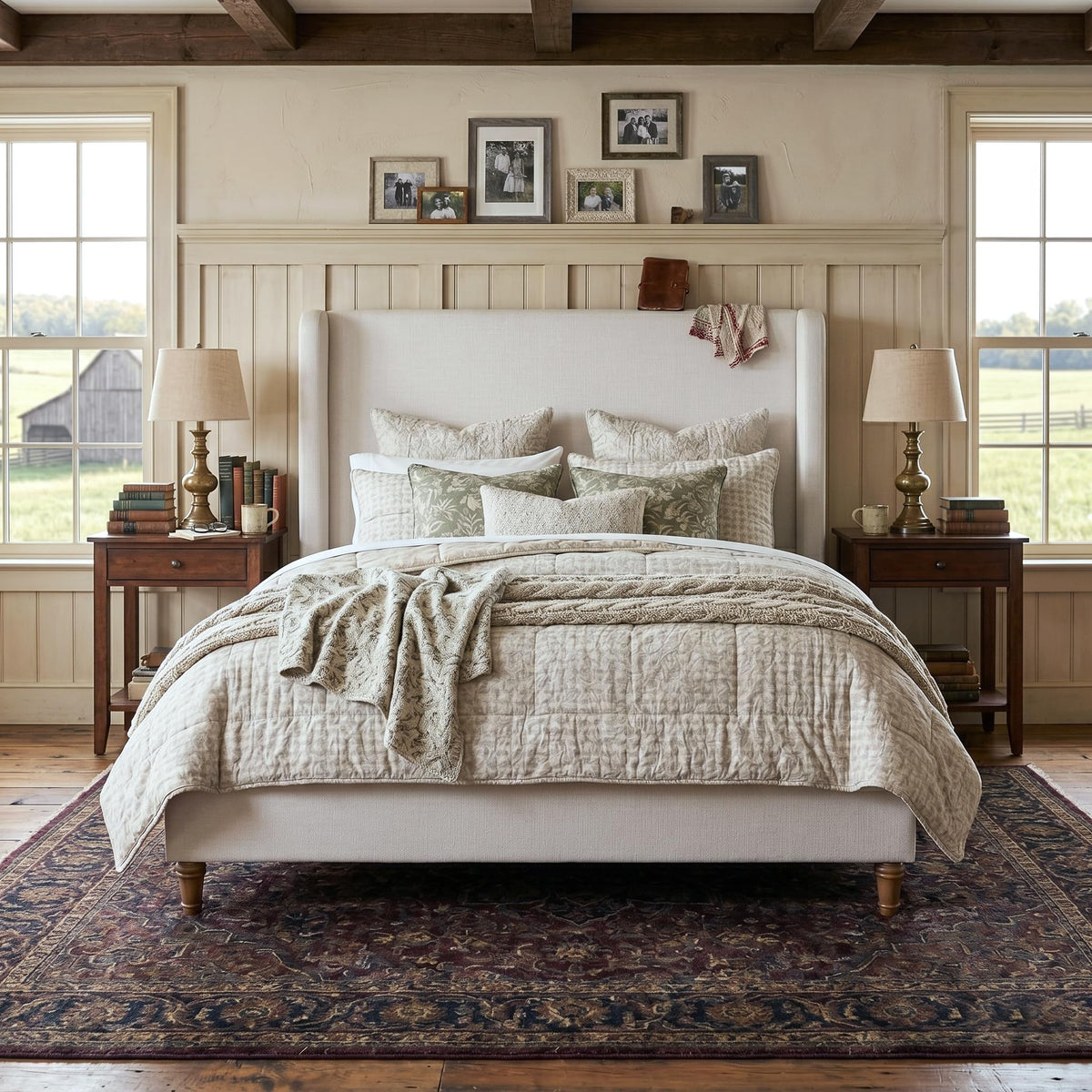 54" Tall Headboard Upholstered Platform Bed Frame with Wingback, Modern Farmhouse Tufted Fabric Bed with Solid
