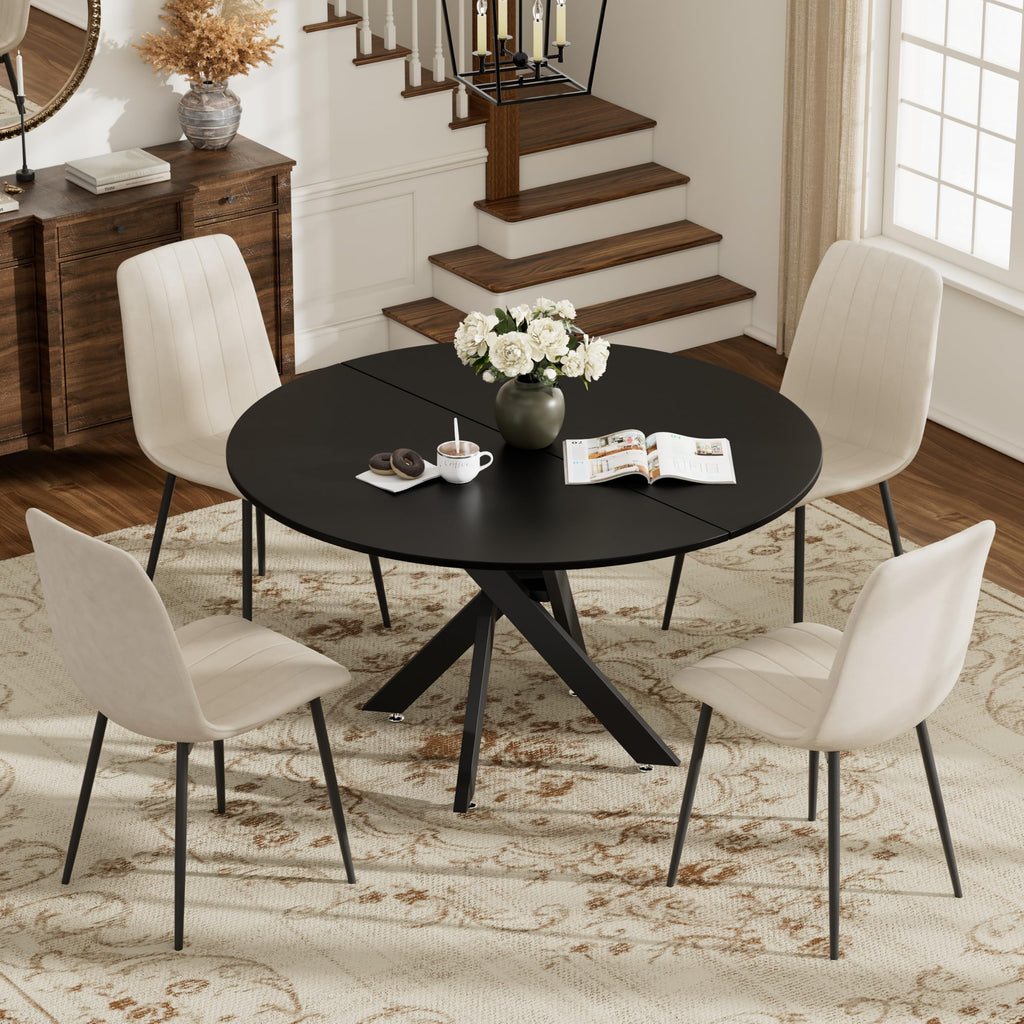 Inspired Saarinen Style 47" Modern Round Kitchen Table for 2-6, Save Space Black Wooden Circle Dining Table with Wooden Table Top &