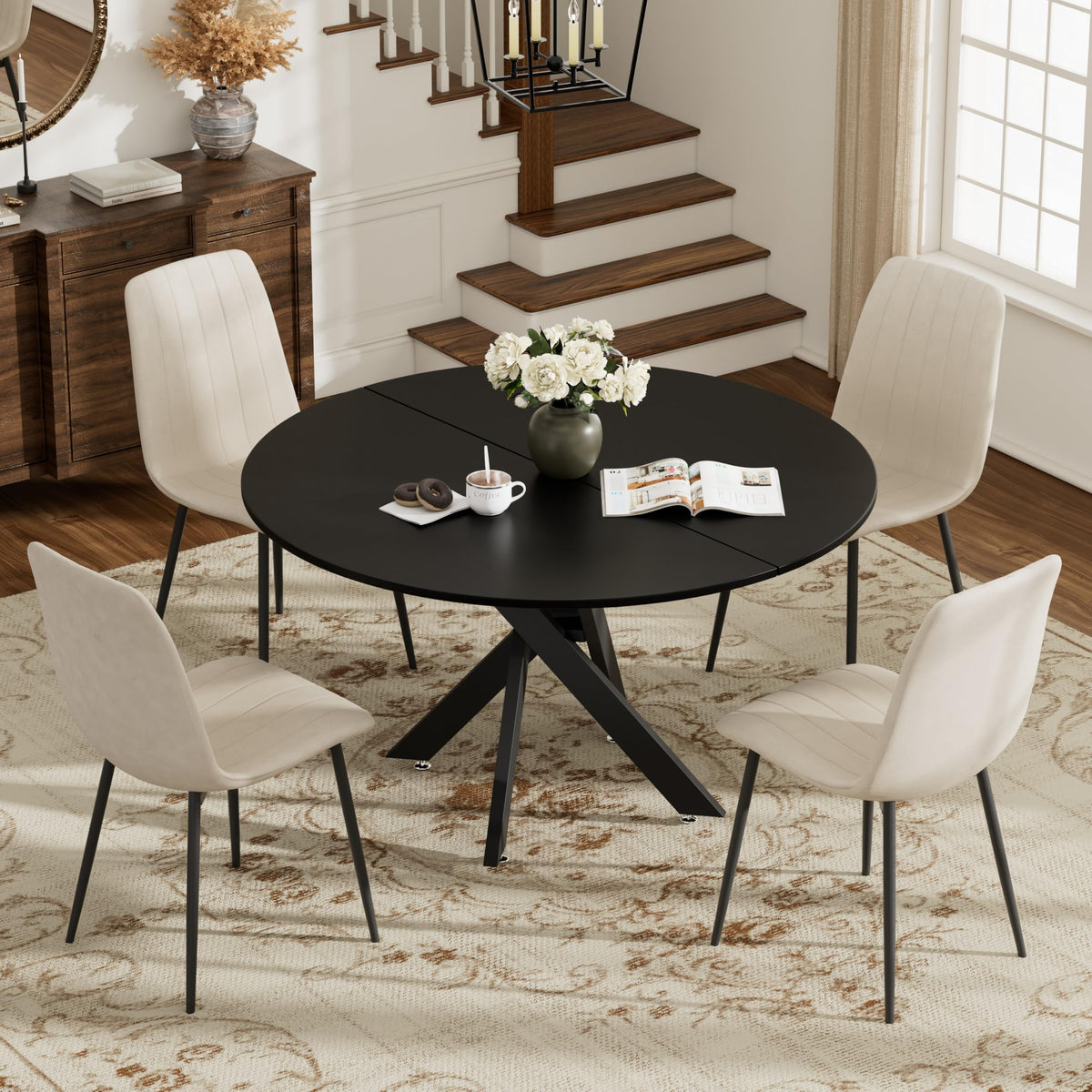 Inspired Saarinen Style 47" Modern Round Kitchen Table for 2-6, Save Space Black Wooden Circle Dining Table with Wooden Table Top &