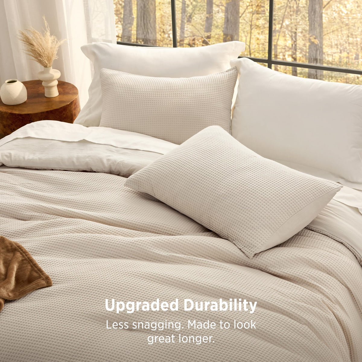 Beige Comforter Set, Waffle Ultra Soft Bedding 3 Pieces