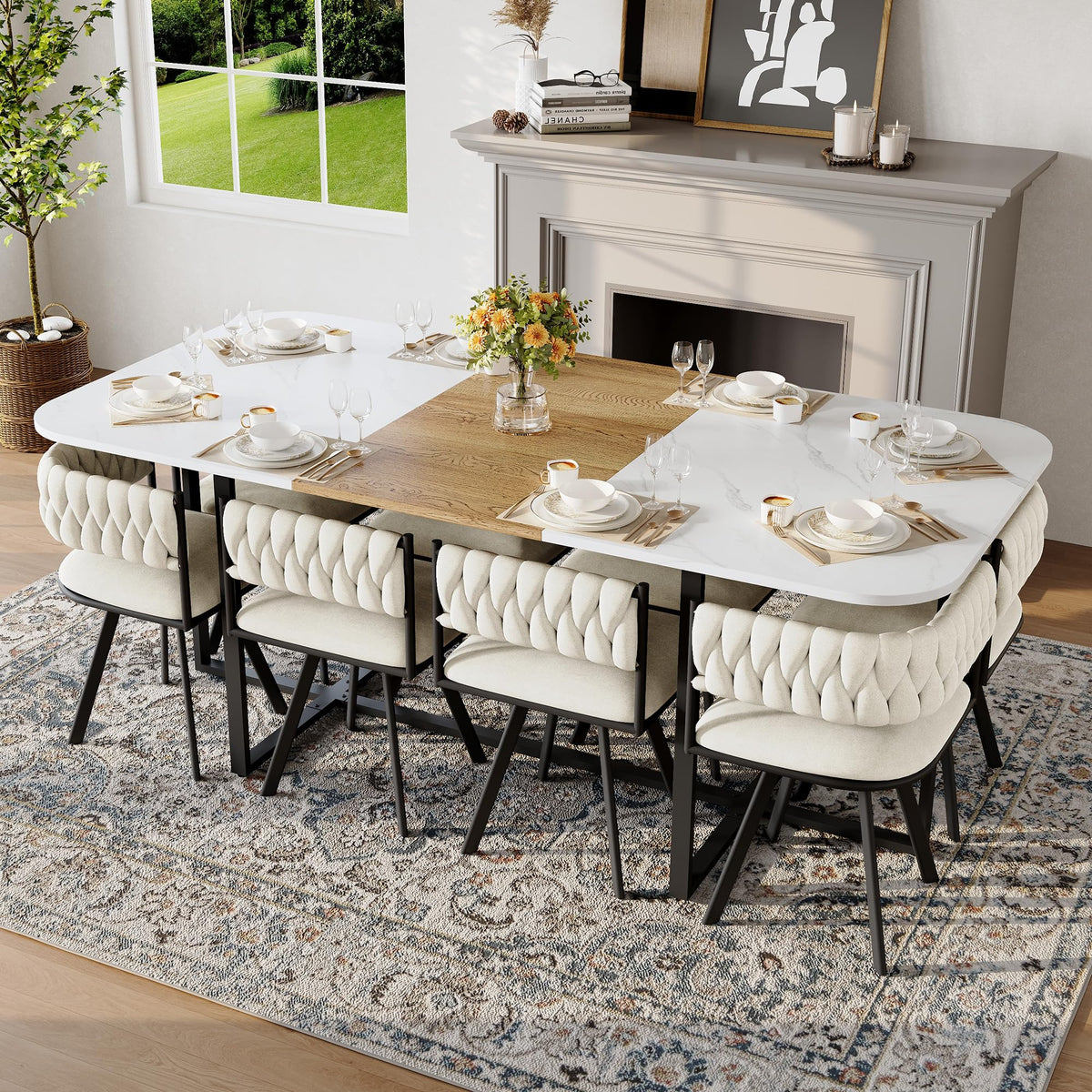 Dining Table Set for 8, 79" Large Dining Room Table Set for 8, Modern Farmhouse Kitchen Table Set for 8, Space Saving