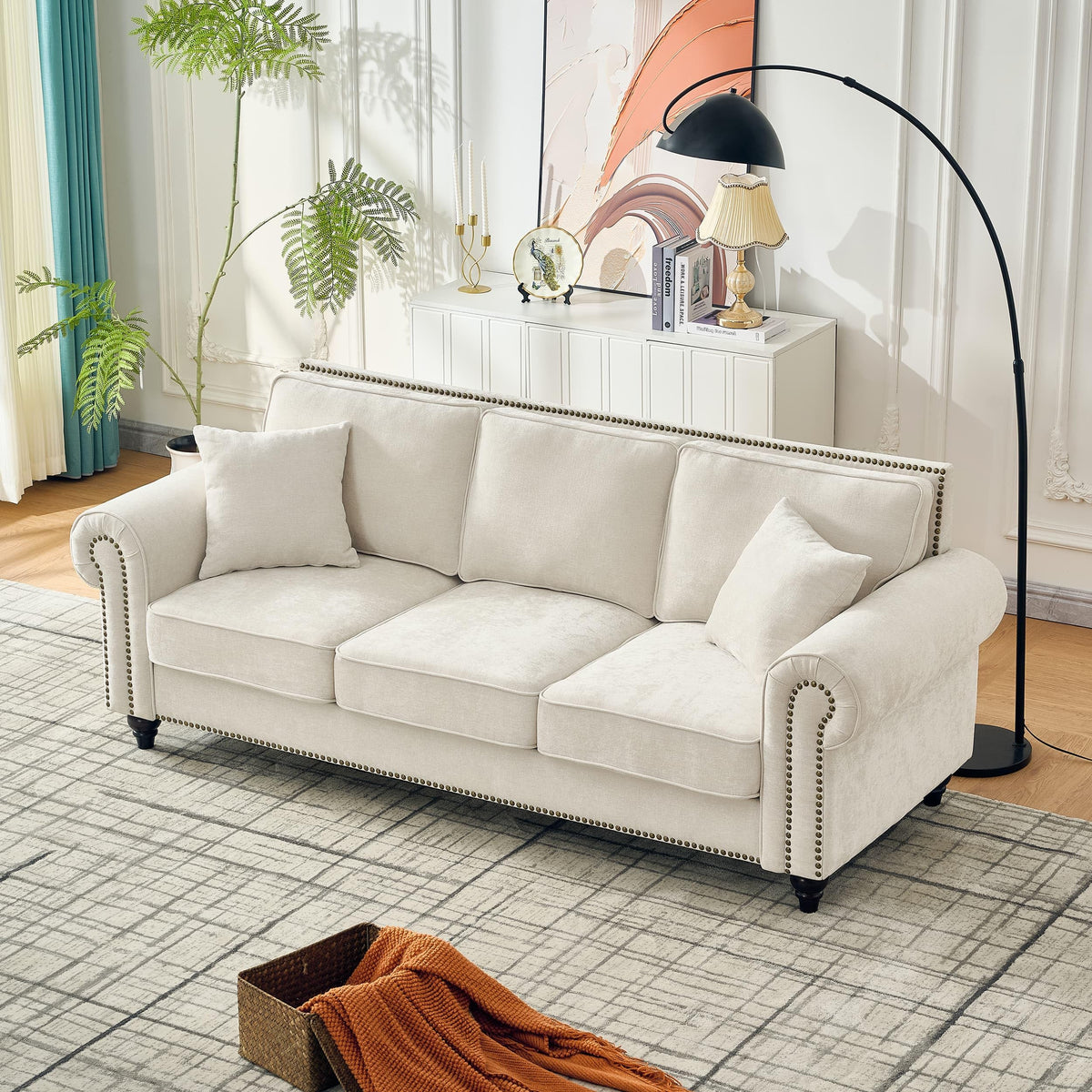 86.5" Classic Chenille Sofa Couch 3-Seater | Chesterfield Style with Traditional Rolled Arms, Nailhead Trim & Solid