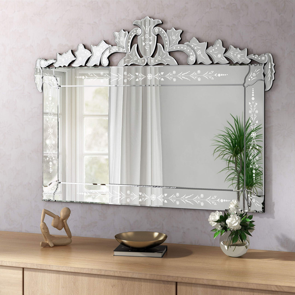 Large Decorative Wall Mirrors 41x31 Inch Venetian Wall Mirror with Ornate Crown, Etched Floral Design Beveled Edge
