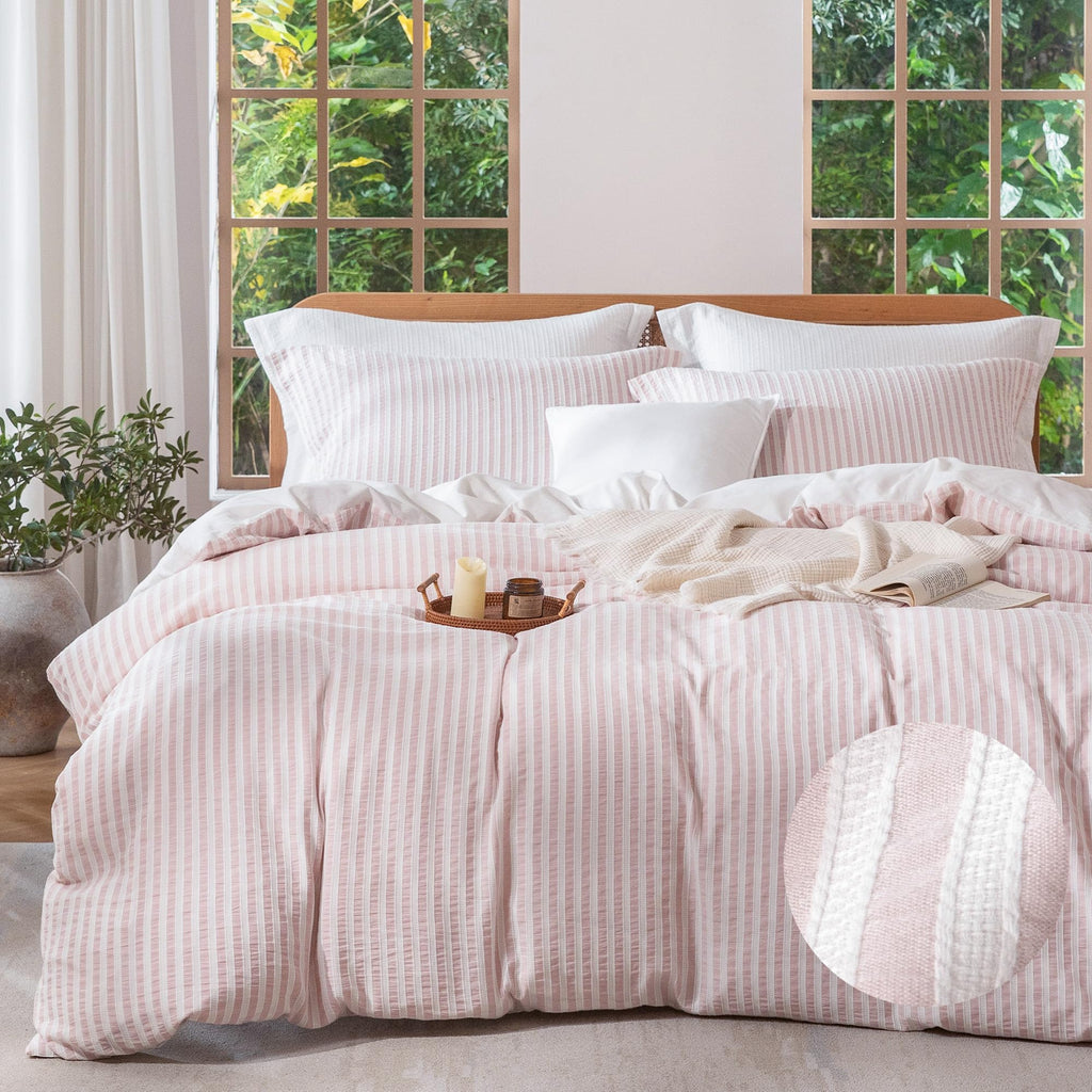 Jacquard Striped Duvet Cover Set 3pcs Dual Zipper Pink Full