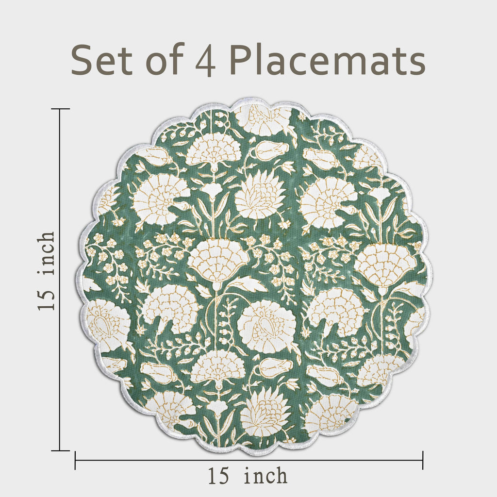 Floral Block Print Round Placemats 15 Inch, Set of 4, Moss Green