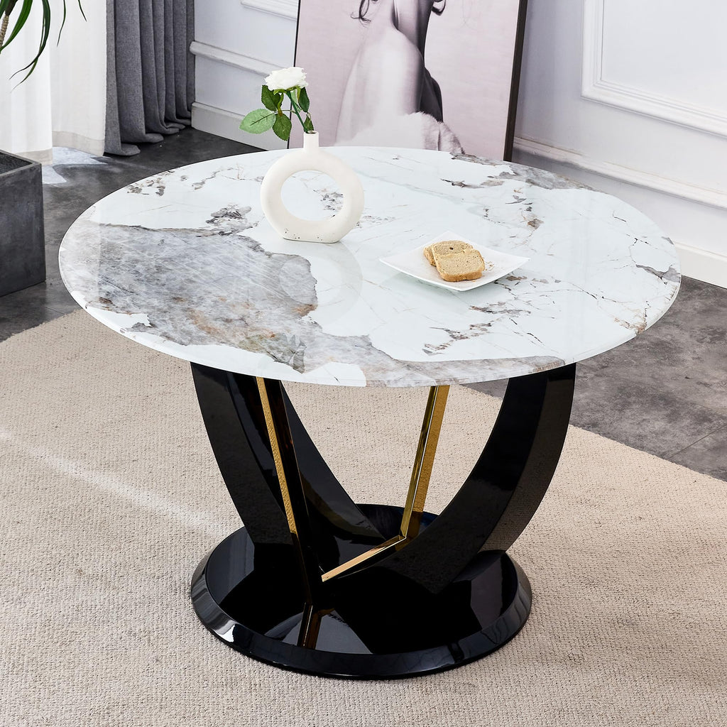 Inspired Saarinen Style 48 Inch Round Dining Table for 4 to 6, Faux Marble Look, Modern Circle Kitchen Furniture with Stable Pedestal Base