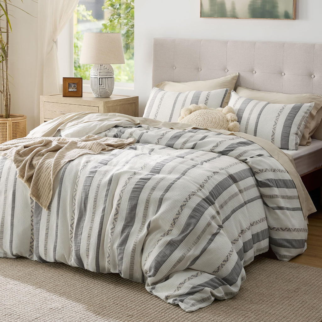 PureWoven Boho Striped Cotton Waffle Duvet Cover Set, Queen, White
