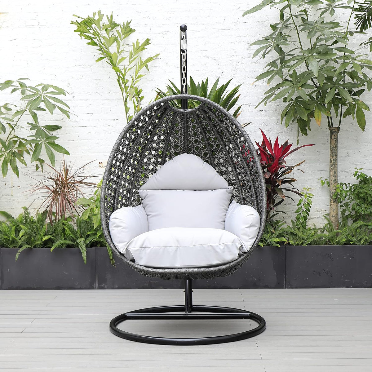 Charcoal Wicker Rattan Hanging Egg Swing Chair for Indoor Outdoor Bedroom Patio with Stand and Cushion (Light Grey)