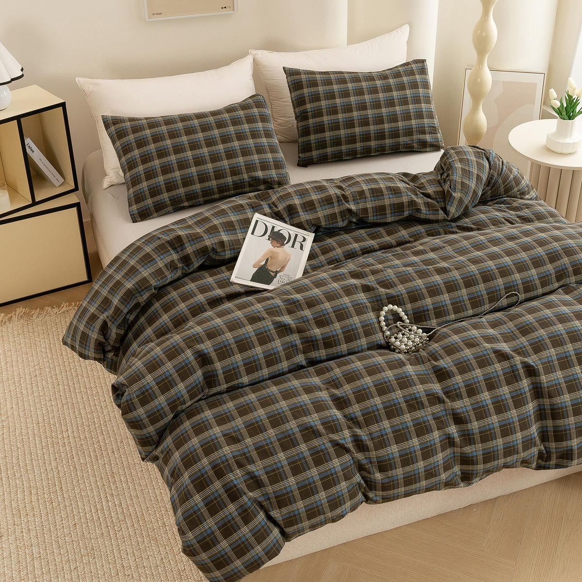 Cotton 3 Pcs Duvet Cover Set Linen Feel Brown & Blue Plaid Queen