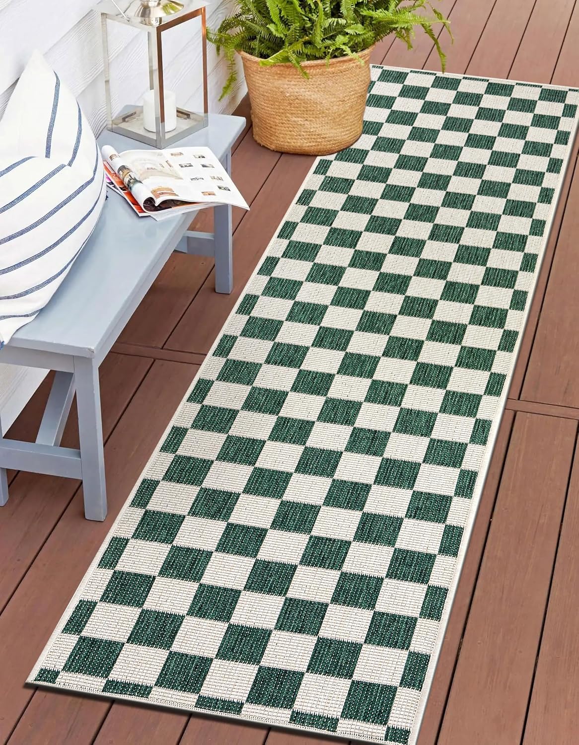 Indoor/Outdoor Checkered Weather Resistant Runner Rug Green