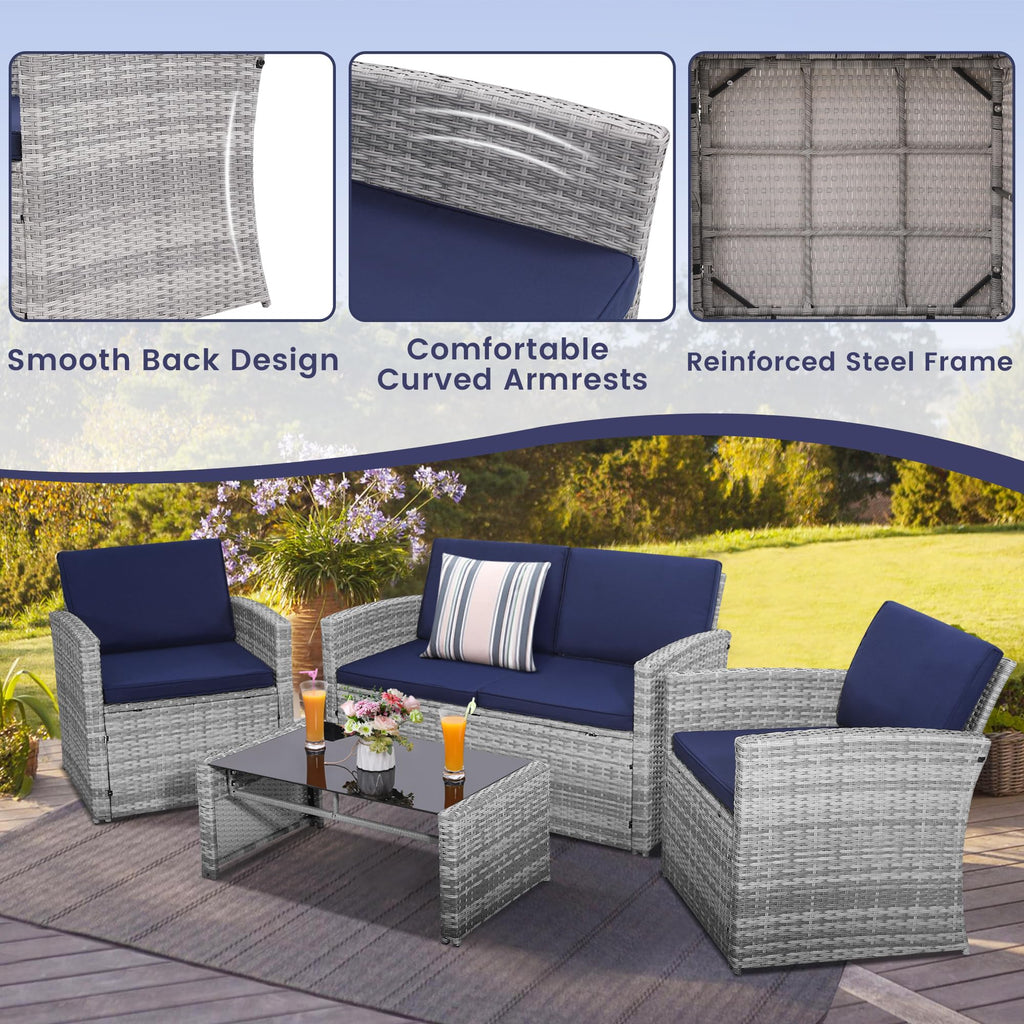 4 Piece Patio Furniture Set, Outdoor Wicker Conversation Set
