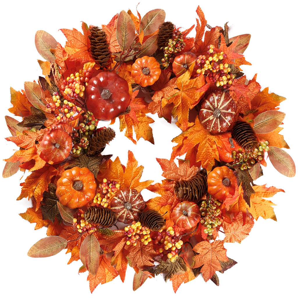 Fall Wreath 20'' Autumn Front Door Wreath with Various Pumpkin Cluster of Berries Maple Leaves Pine Cones for Outside